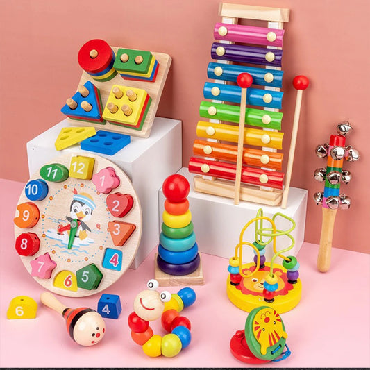 Montessori Baby Toys 9 in 1 Wooden Musical Set: Xylophone Rattle Drum Bell 3D Puzzles Sensory Learning Gifts for 0-12 Months 1-3 Beauty Fashion