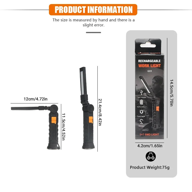 Portable COB LED Flashlight USB Rechargeable Work Light Magnetic Lanterna Hanging Lamp with Built-in Battery Camping Torch Beauty World Shop