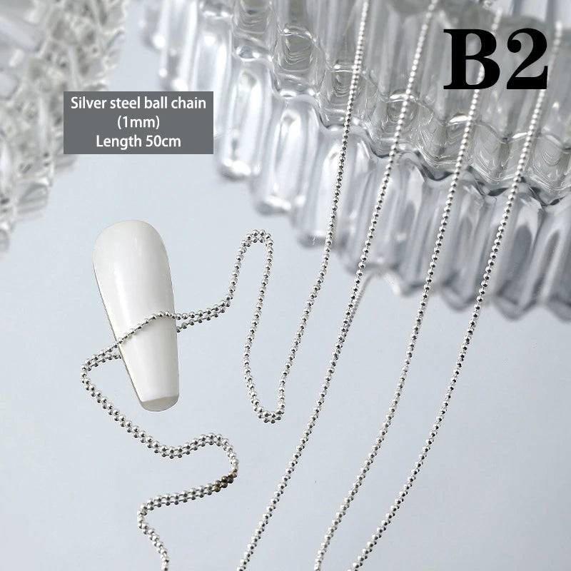 50cm 0.8mm Gold Silver Nail Bead Chain Charm Ellipse Stone Nail Art Decorations Giltter Metal Steel Ball Jewelry Accessory Beauty World Shop