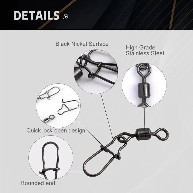 50pc/box Stainless Steel Fishing Connector Pin 4# 6# 8#10#12# Bearing Rolling Swivel with Snap Fishhook Lure Accessories Beauty World Shop