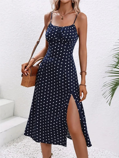 New Summer Sexy Spaghetti Straps Dress Women Fashion Polka Dot Print Sleeveless Slit Dress Boho Casual Beach Midi Dresses Beauty World Shop