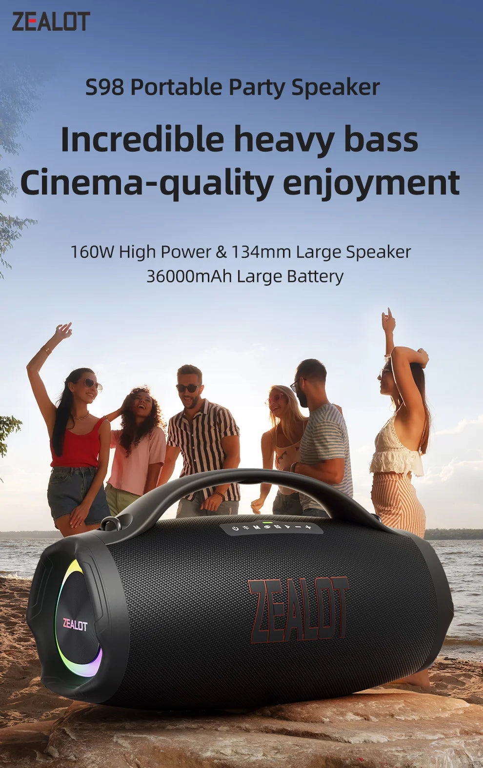 ZEALOT S98 160W Portable Bluetooth Speaker High Volume Waterproof 36000mAh Wireless TWS Subwoofer Suporrt USB/TF/AUX RGB light