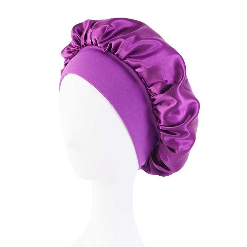 New Women's Satin Solid Wide-brimmed Sleeping Hat Unisex Head Wrap Elastic Band Cap Hair Care Bonnet Night Hat bonnet de nuit Beauty Fashion
