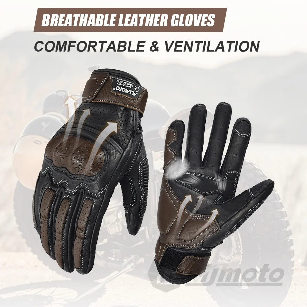 With CE Approved Summer Retro Perforated Leather Motorcycle Gloves Men Women Full Finger Motocross Dirt Biker Glove Guantes Moto Beauty World Shop
