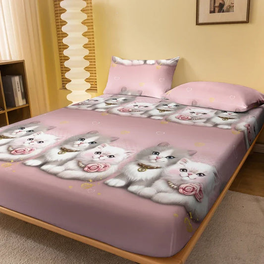 1 Cartoon Cute animal Cat printed matte Fitted Sheet, bedroom printed bed cover, bedding (excluding pillowcases) Home Accessories Store