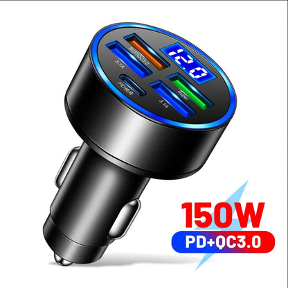 250W PD Car Charger QC3.0 Fast Charge two to Six Port Car Cigarette Lighter Plug Car Charger Flash Charge with Digital Display Beauty World Shop
