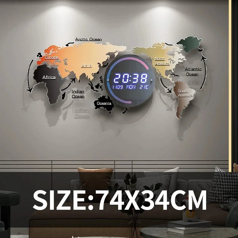 # 74x34cm Wall Decorative Acrylic Digital Wall Clocks Creative World Map Shape Smart Led Clock With Calendar # Home Accessories Store