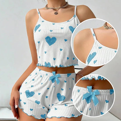 Women's Pajamas Set Sleepwear 2 PCS Short Tank Tops And Shorts S M L White Ventilate Soft Casual Love Printing Beauty World Shop