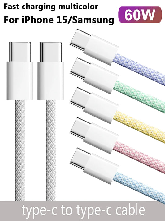 USB-C to Type C Color Cable For Apple iPhone 15 PD 60W Fast Charging For Huawei Xiaomi Samsung Type C Weaving Cable Accessories Beauty World Shop