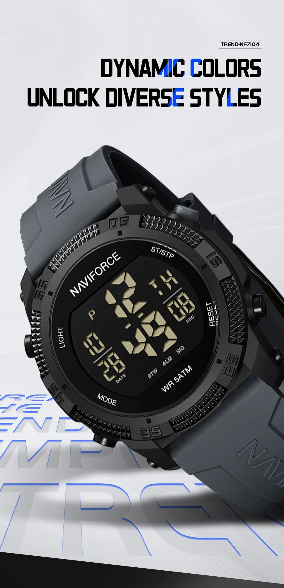NAVIFORCE 7104 Sports Men's LCD Digital Leisure Date Week Alarm Clock Waterproof Silicone Strap Electronic Watch électronique Beauty World Shop