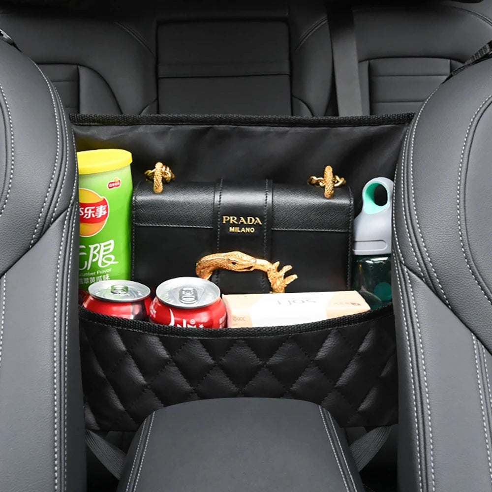PU Leather Car Middle Seat Storage Net Large Capacity Leather Bag Seat Back Storage Bag Car Chair Back Supplies Storage Goods Ha Beauty World Shop