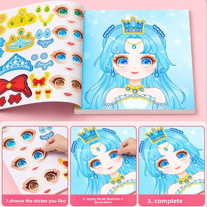 Stickers Book Handicrafts Creative Kids Stickers 15 Pages Toy Puzzle Reusable for Girls Cartoon Princess Make A Face Stickers Beauty World Shop