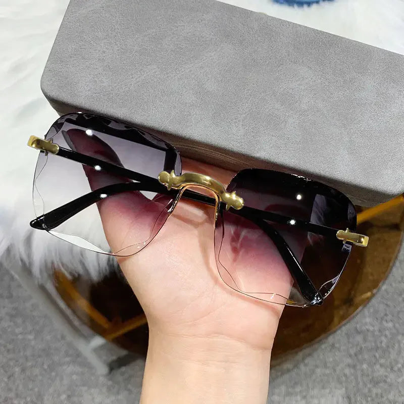 3PCS Square Rimless Sunglasses Women Luxury Brand Designer Summer Red Glasses Fashion Sun glasses For Men UV400 Shades Oculos Beauty World Shop