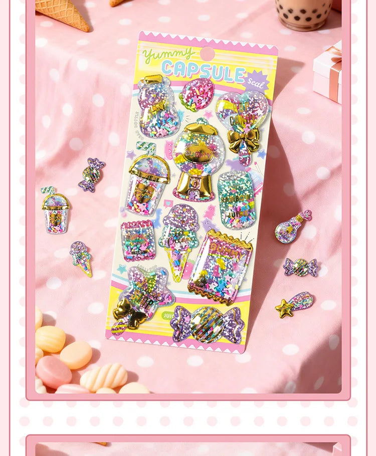 Kawaii Capsule Sparkling 3D Stickers Scrapbooking Diy Journal Stationery Sticker Cute Deco Art School Supplies Beauty World Shop