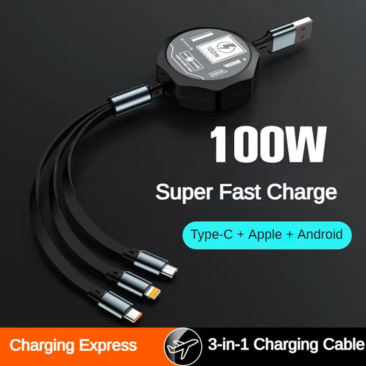 3 In 1 Retractable USB 100W Cable Fast Charging And Data Micro USB Type C For iphone6-14 Android Phone Xiaomi Huawei OPPO Beauty World Shop