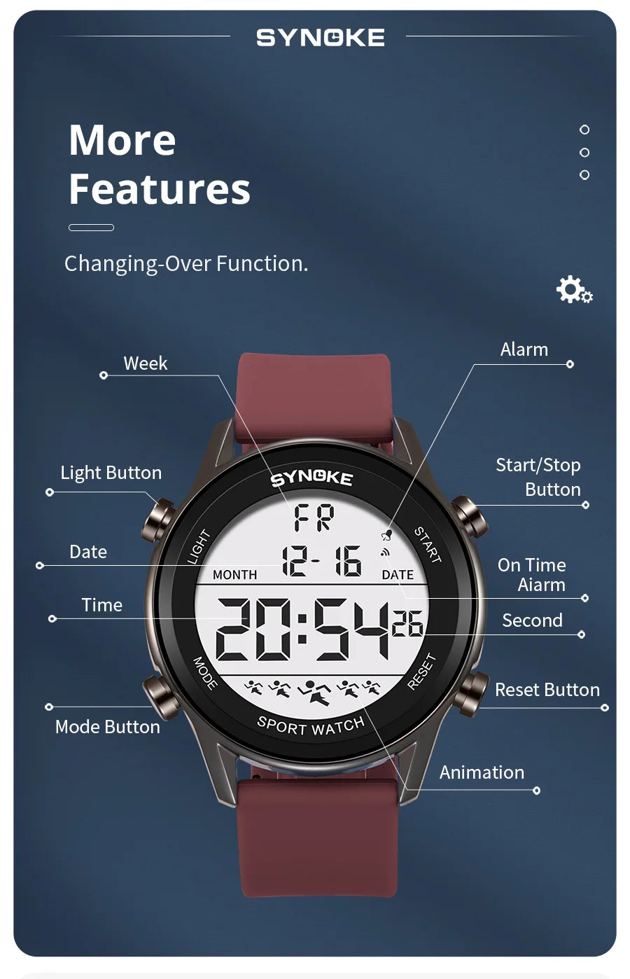 SYNOKE Men Outdoor Sports Multifunctional Waterproof Large Screen Display Luminous LED Digital For Men Fashion Silicon Watch Beauty World Shop