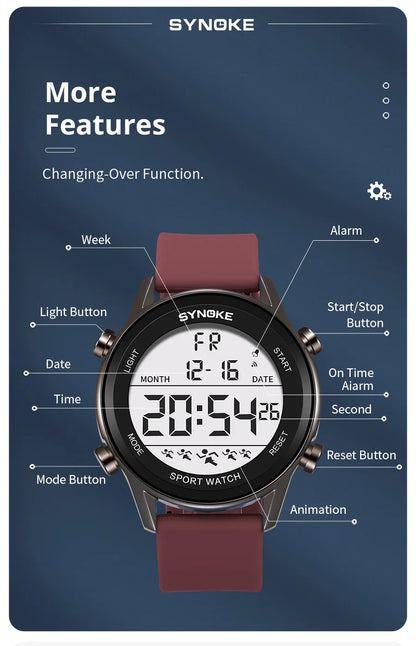 SYNOKE Men Outdoor Sports Multifunctional Waterproof Large Screen Display Luminous LED Digital For Men Fashion Silicon Watch Beauty World Shop