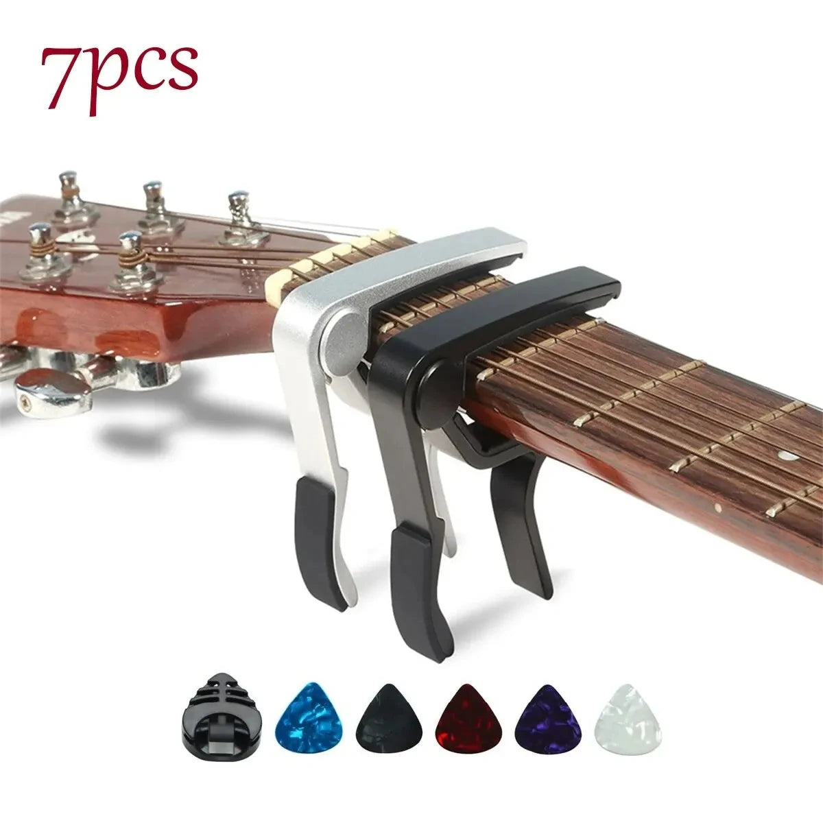 7pcs Guitar Capo for Acoustic And Electric Guitars With 5 Picks for Free And 1 Holder,Black; Silver Beauty World Shop