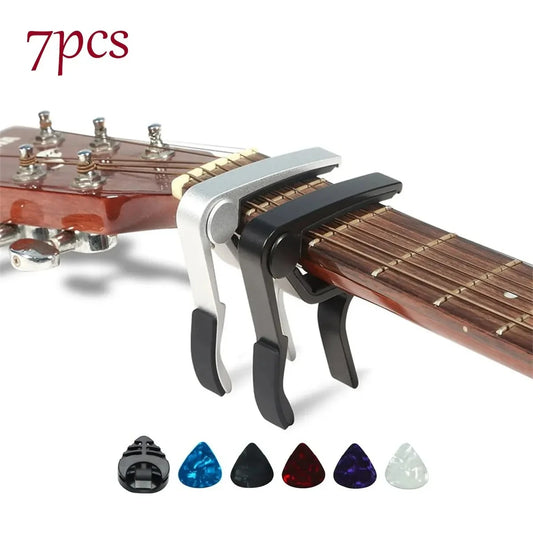 7pcs Guitar Capo for Acoustic And Electric Guitars With 5 Picks for Free And 1 Holder,Black; Silver Beauty World Shop