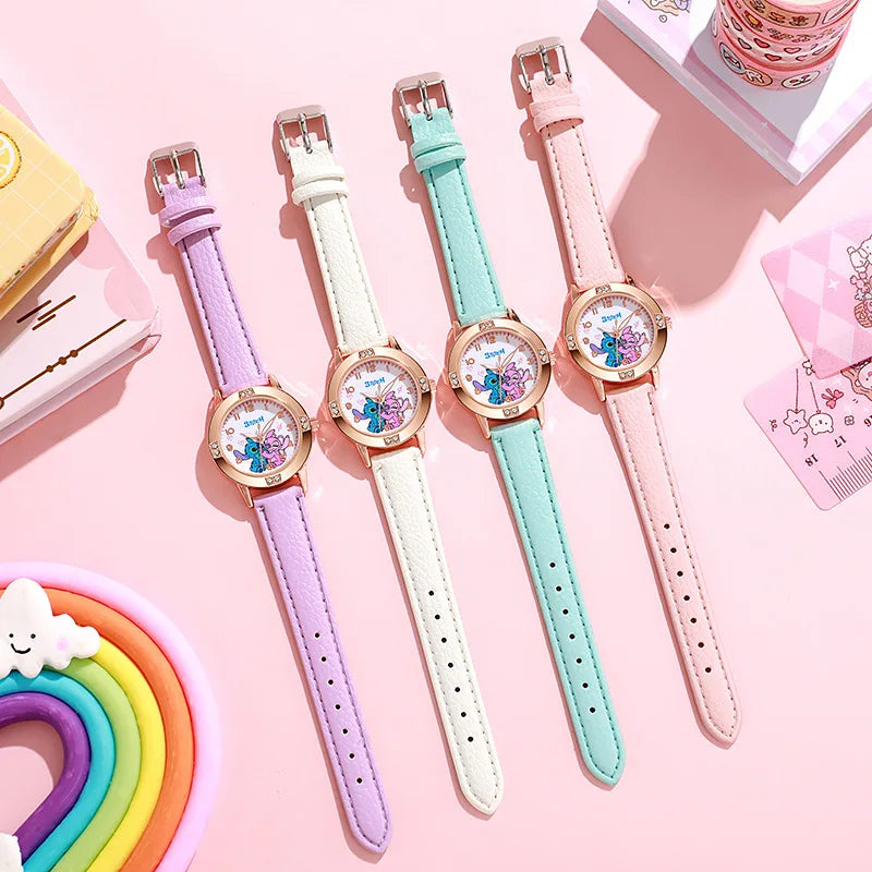 Fashion Cartoon Pattern Stitch Girls Watches Kids Leather Strap Children Watch with Rhinestone Dial reloj stich Exquisite Gift Beauty World Shop