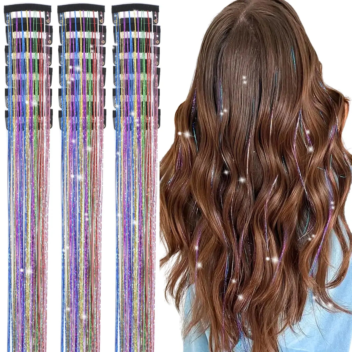20 Inch Glitter Tinsel Hair Extensions with Clips In, 6Pcs/Set Synthetic Clip in Sparkle Fairy Hair Accessories for Women Kids Beauty World Shop