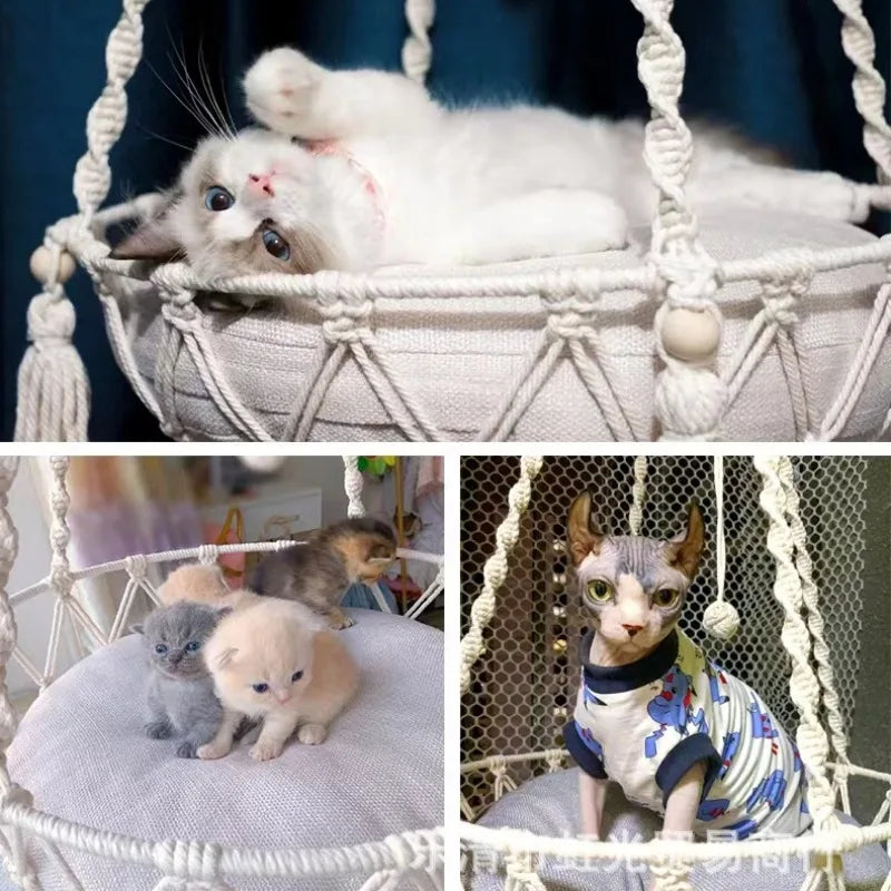 Winter Pet Hammock Cat Swing Hand Woven Cotton Rope Cats Hanging Basket  Kitten Hanging String Den Indoor Pend Nest Pet Supplies Beauty World Shop