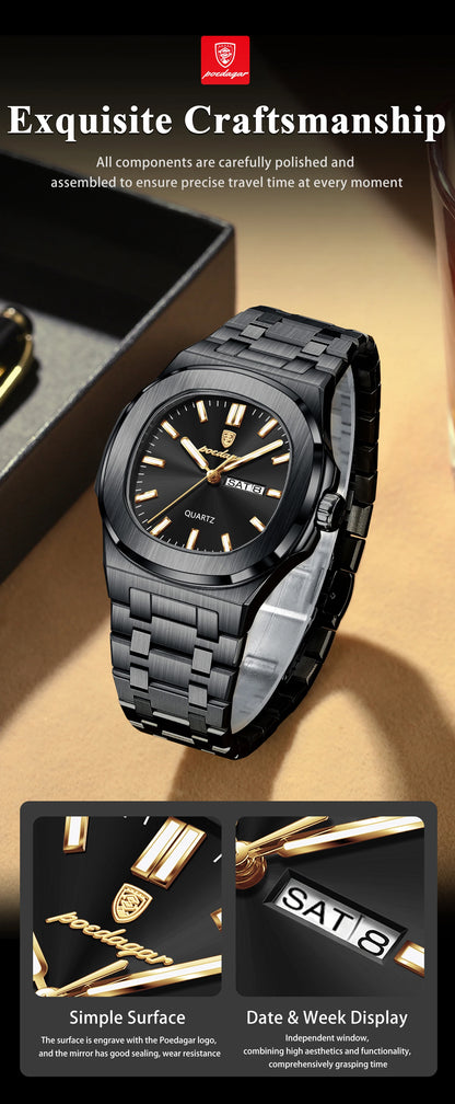 POEDAGAR Square Luxury Men's Wristwatch Luminous Waterproof Stainless Steel Male Clock Week Date Original Quartz Watches For Men Beauty World Shop