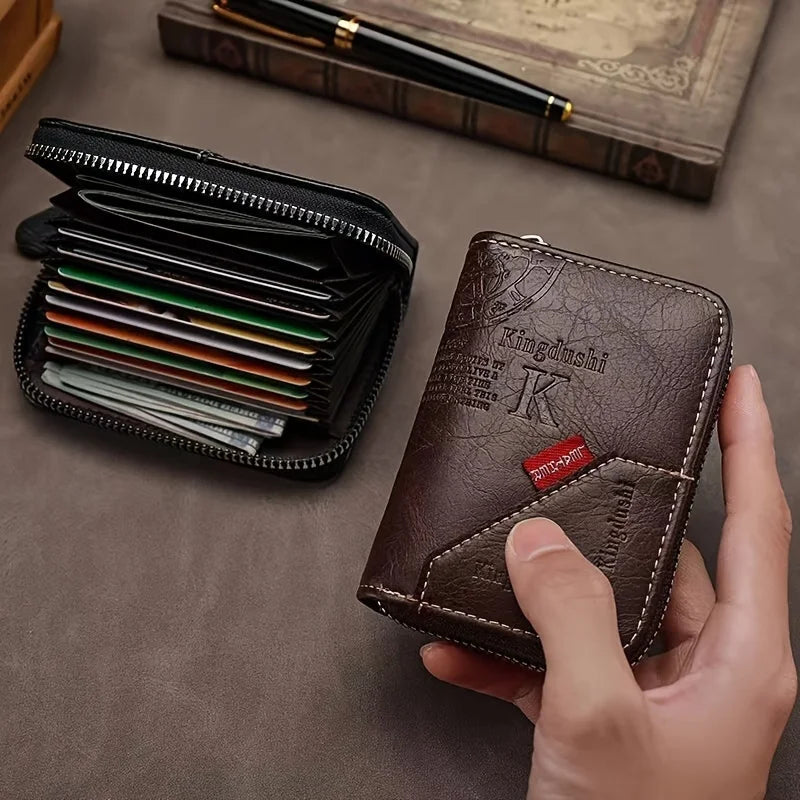 Vintage PU Leather Slim Wallet - Zipper RFID Blocking 11-Slot Card Holder, Retro Style Gift for Men & Women, Classic Design Beauty World Shop