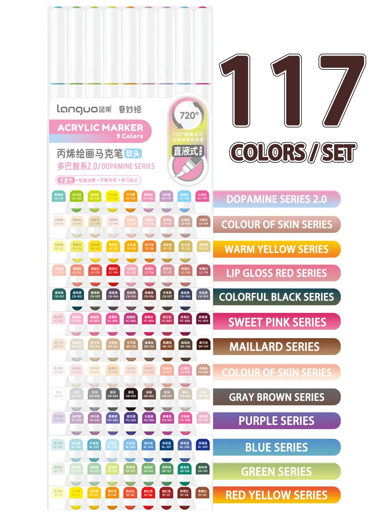 Languo 9pcs/box Soft Brush Acrylic Marker Pen Set，DIY Hand Drawn,Paint Art Markers pens,Student Graffiti Acrylic Paint Pens,M720 Beauty World Shop