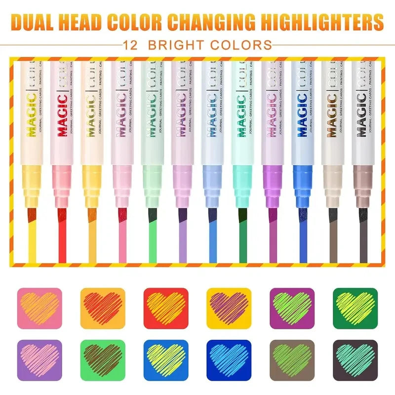 12pcs Double-ended Magic Color Changing Highlighter Pen Set, Student Diary Scrapbook Painting DIY Making, Classroom and Office S Beauty World Shop
