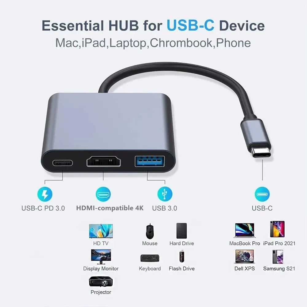 3 In 1 Usb-C Usb Hub Male To Female Hdmi-Compatible 4k Usb 3.1 Type-C To Usb 3.0 Charging Adapter For Macbook Air 12 Converter Beauty World Shop