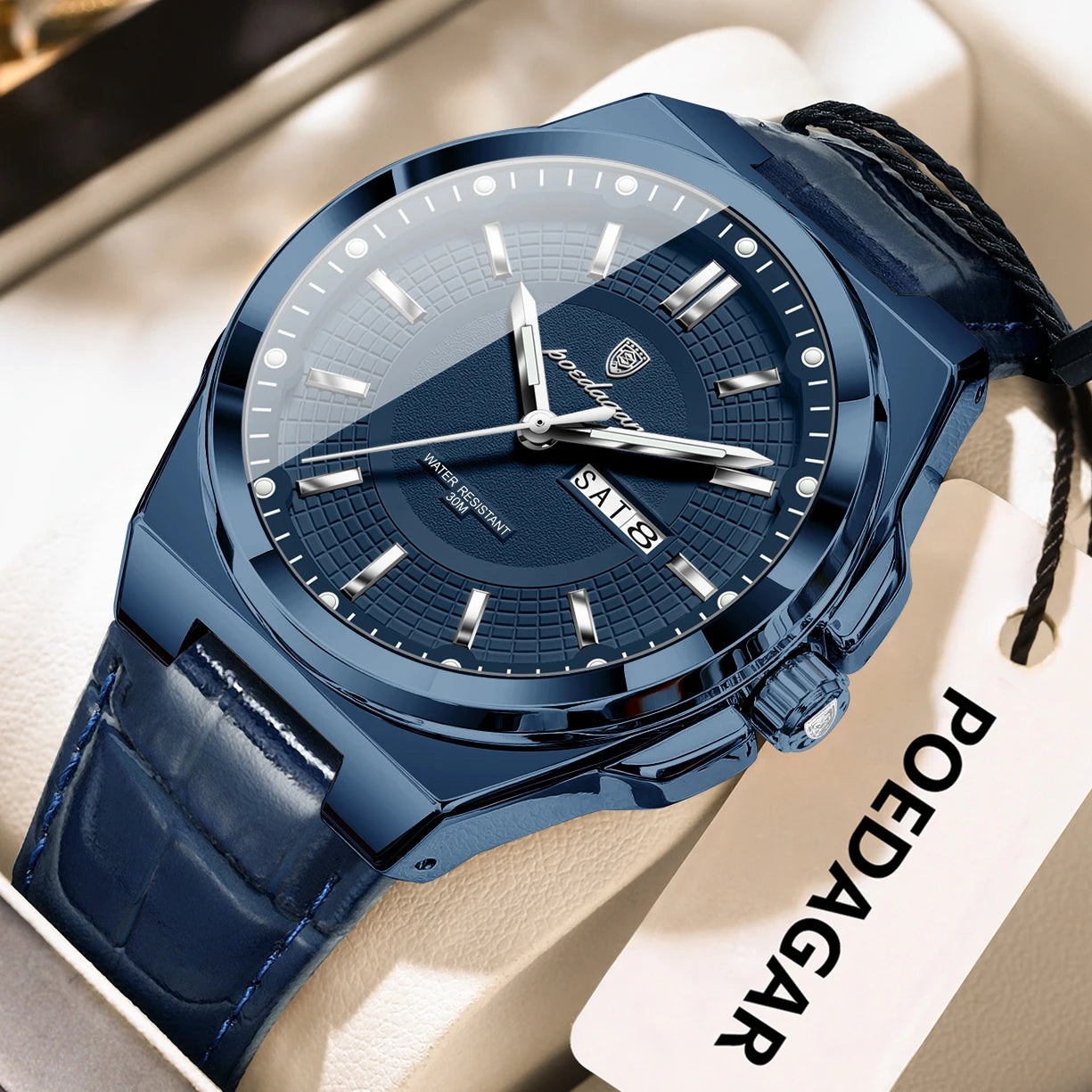 POEDAGAR Fashion Brand Man Wristwatch Waterproof Luminous Date Week Quartz Luxury Men's Watches Leather Business Men Watch Reloj Beauty World Shop