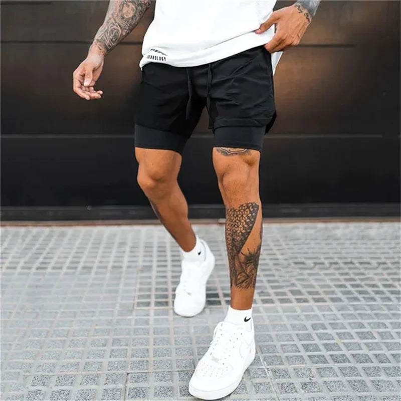 2025 NEW 2 IN 1 Sport Running Casual Breathable Shorts Men Double-deck Jogging Quick Dry GYM Shorts Fitness Workout Men Shorts