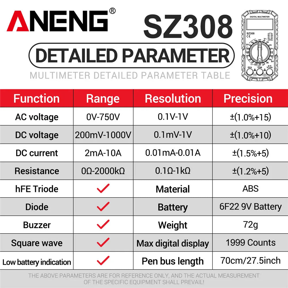 ANENG SZ308 Digital Multimeter   AC/DC Current Meter Voltage Resistance Meter Electrician LCD Backlight Ohm Square Wave Test Beauty World Shop