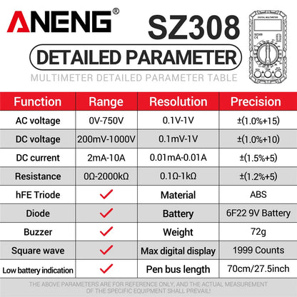 ANENG SZ308 Digital Multimeter   AC/DC Current Meter Voltage Resistance Meter Electrician LCD Backlight Ohm Square Wave Test Beauty World Shop