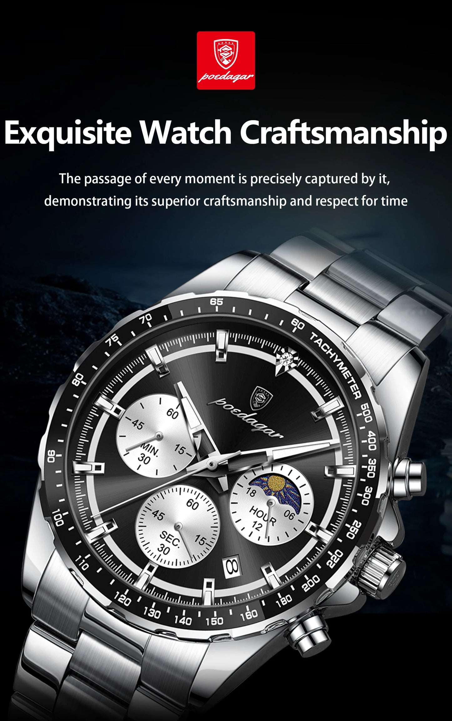 POEDAGAR Business Brand Man Wristwatch Waterproof Stainless Steel Luminous Men Watch Chronograph Date Men's Quartz Watches Reloj Beauty World Shop