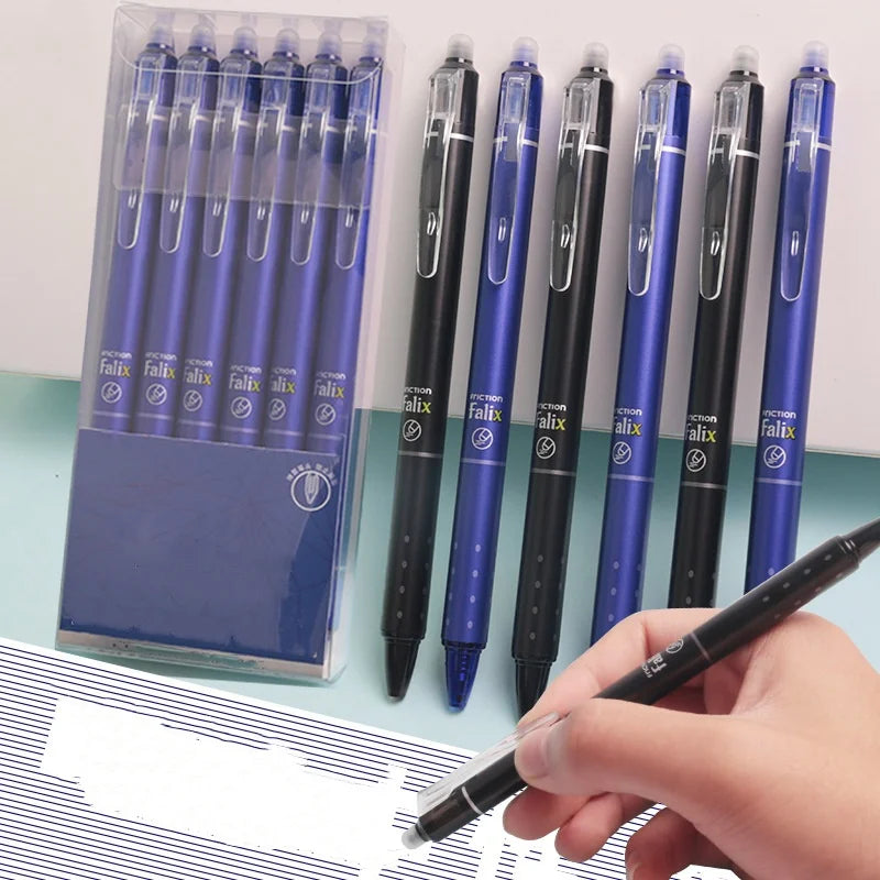 12pcs Press Type Erasable Gel Pens 0.5mm Black/Blue Ink Bullet Washable Handle Magic Refills Rod Super Capacity Ink Writing Beauty World Shop