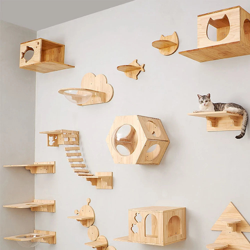 Cat Wall Climbing Shelf Steps Ladder Scratching Post Scratcher Bed Hiding House for Cats Tree Tower Pet Furniture Accessories Beauty World Shop