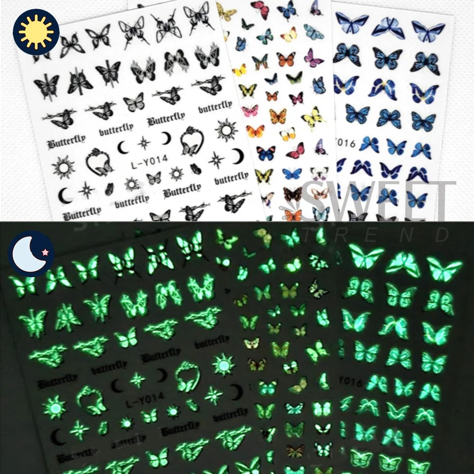 3pcs Luminous Butterfly Nail Decal Stickers Colorful Blue Butterfly Series Design Glow In The Dark Night Polish Sliders Manicure Beauty World Shop