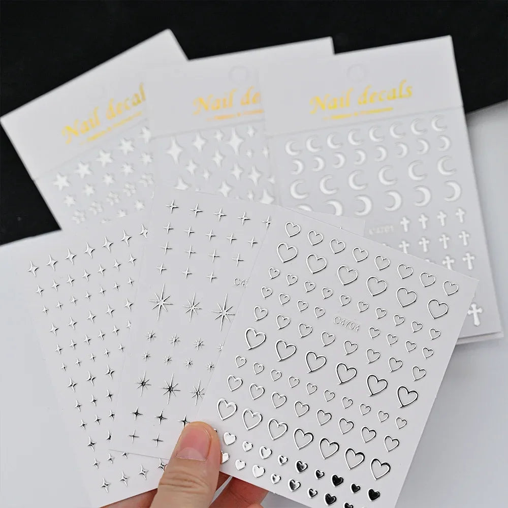 6 Sheets Metal Silver Nail Stickers Metallic 3D Star Nail Art Stickers Decals Self-Adhesive Nail Art Stickers Metal Chain Heart Beauty World Shop