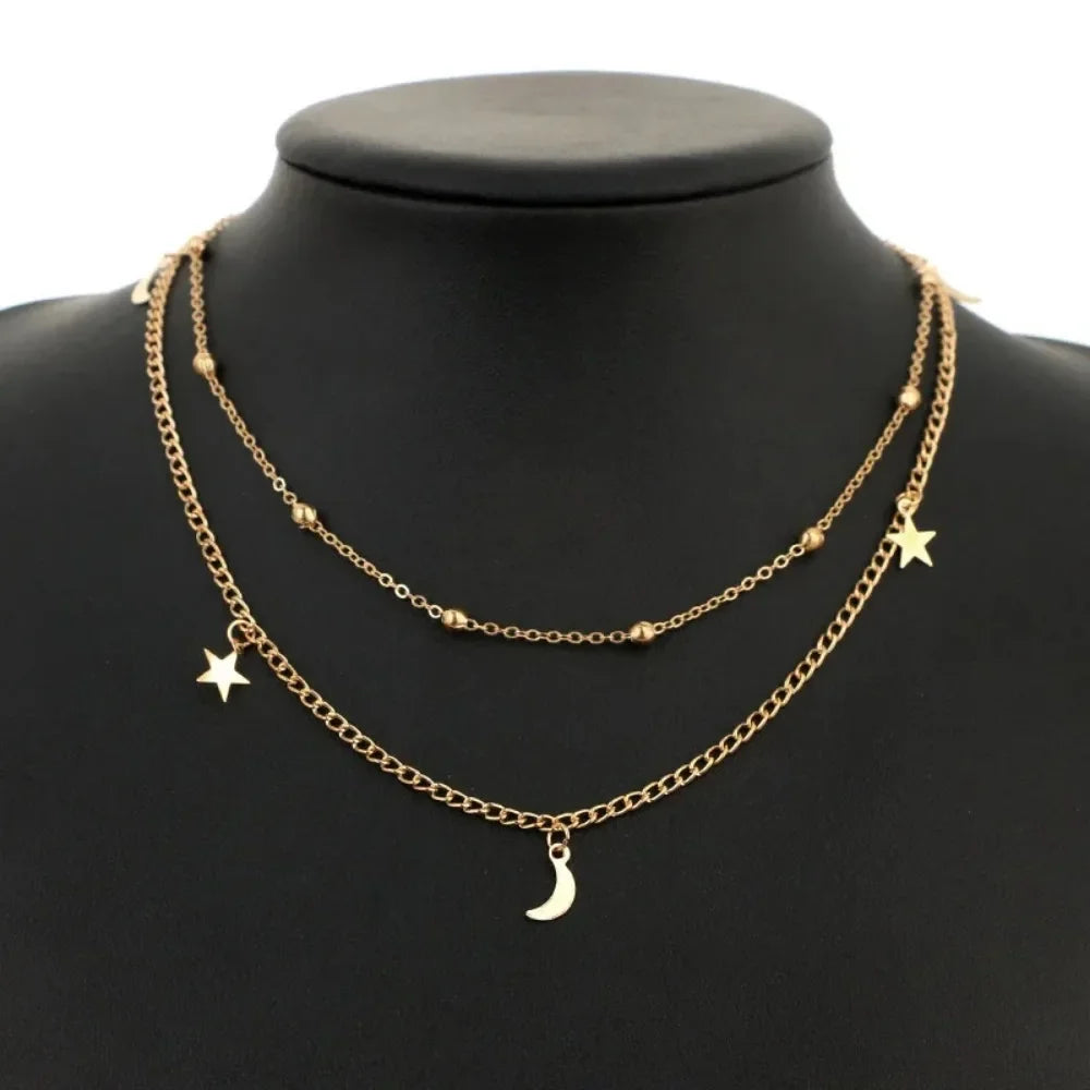 2025 New Fashion 2 Layer Star Moon Clavicle Chain Choker Necklace For Women Girl Party Jewelry Birthday Gifts Beauty World Shop