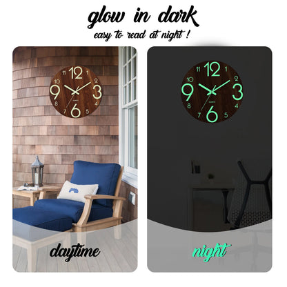 12 Inch Luminous Wall Clock Wood Silent light in dark night Nordic Fashion Wall Clock Non Ticking Clock With Night Light Beauty World Shop
