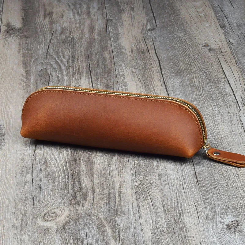 Vintage Leather Pencil Bag Simple Stationery Hoder Pen Case Storage Bag Zipper Pencil Pouch Glasses Box School Supplies Beauty World Shop
