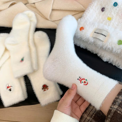 Autumn And Winter Socks, White Mink Fur Christmas Socks, Snowman Santa Claus Christmas Tree Elements, Thickened Warm Socks Beauty World Shop