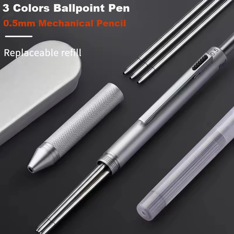 Multifunctional 4-color-in-one gravity-sensing pen metal ballpoint pen/Mechanical Pencil,Black/Red/Blue Ink Oil Signing canetas Beauty World Shop