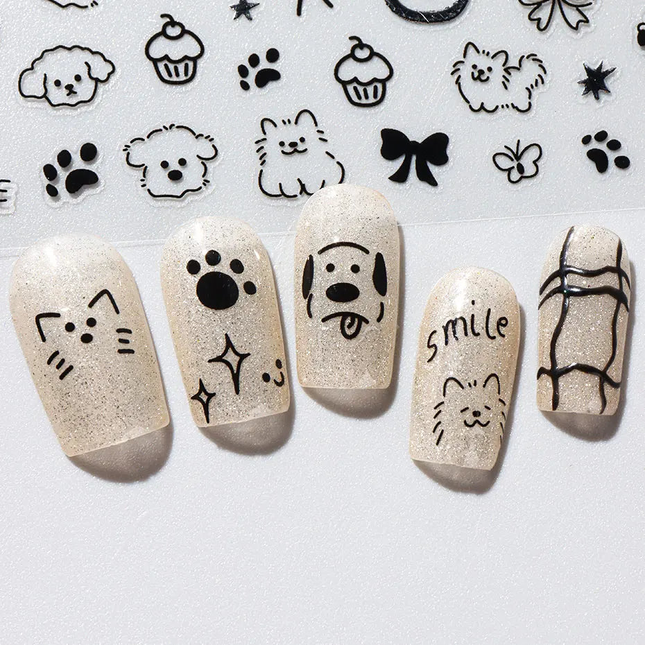 2pcs 3D Cute Silver Smile Dog Decals Y2K Cartoon Cat Footprint Nail Stickers Graffiti Star Heart Bowknot Manicure Slider Decor Beauty World Shop
