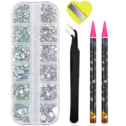Boxed 3D Flat Back Nail Rhinestones Nail Gems Glass AB & Clear Crystal Rhinestones Kit Nail Art Charms DIY Manicure Accessories Beauty World Shop