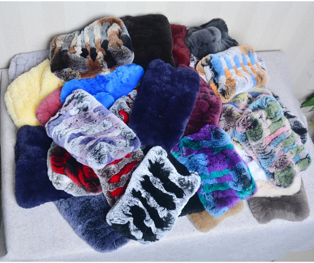 Women Handmade Stretch 100% Real Rabbit Fur Scarf Knit Genuine Rex Rabbit Fur Headbands Girls Natural Rabbit Fur Ring Scarves Beauty World Shop