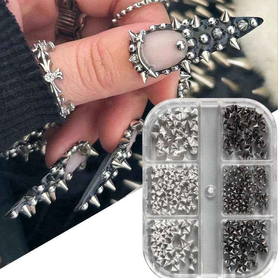 6Grids Metallic Rivet Punk Nail Charm Gold/Silver/Black Cone Spike Studs Nail Art Jewels Aolly Mini Rivet Studs Nail Supplies Beauty World Shop