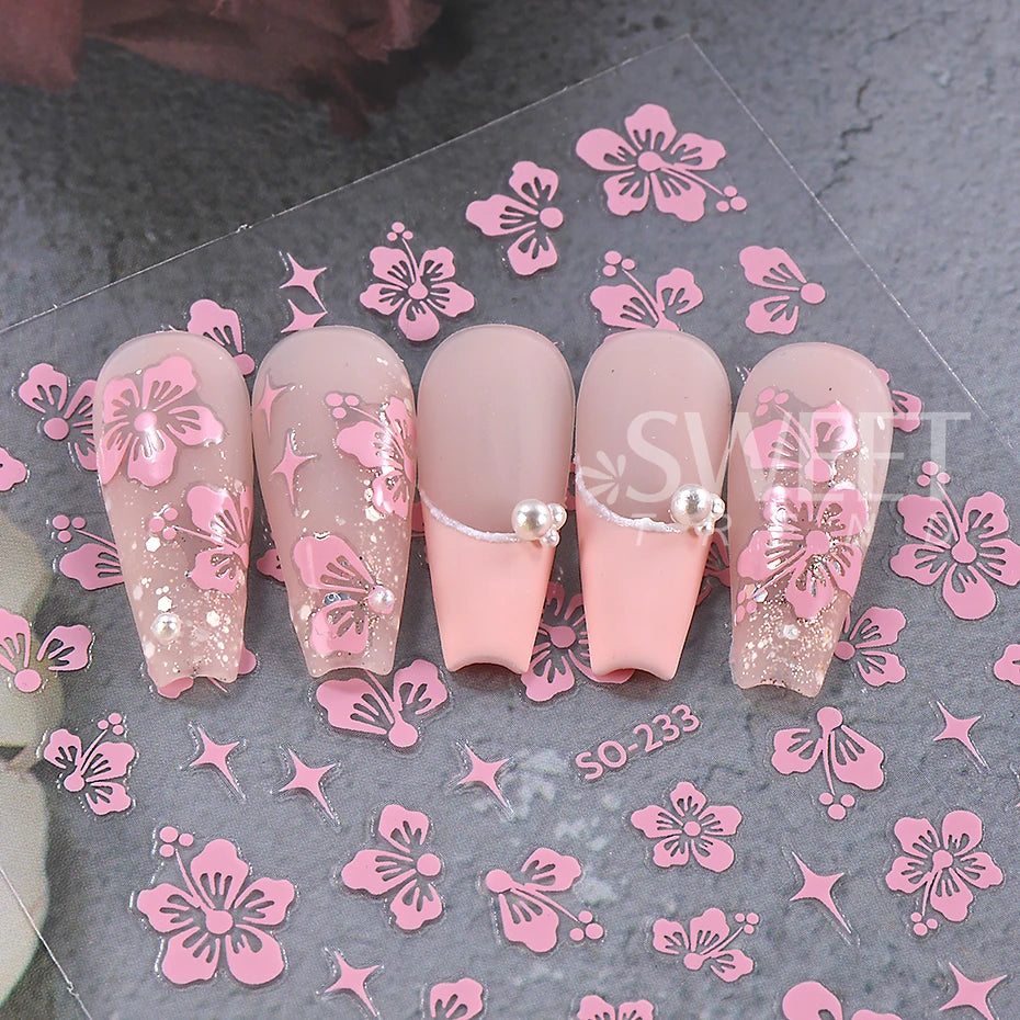 4pcs/set Hibiscus Flowers Nail Sticker Y2K Star Adhesive Nail Art Supplies Decal for Women Nail Supplies DIY Manicure Decoration Beauty World Shop